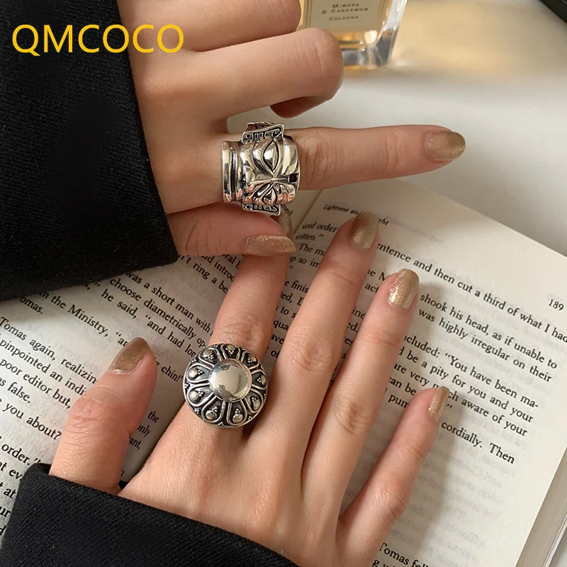 QMCOCO Retro Creative Personality Design Geometric Portrait Rings Punk Hip-Hop  Adjustable Silver Color Wide Ring Fine Gifts