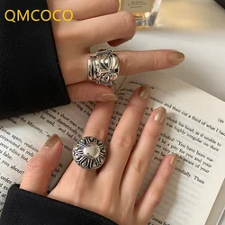 QMCOCO Retro Creative Personality Design Geometric Portrait Rings Punk Hip-Hop  Adjustable Silver Color Wide Ring Fine Gifts