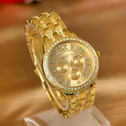 Luxury Geneva Brand Women Gold Stainless Steel Quartz Watch Military Crystal Casual Wrist Watches Rhinestone Relogio Feminino