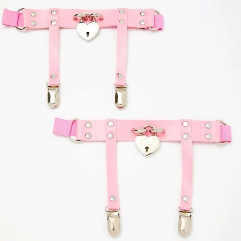 

1Pair Cute Leather Garters Thigh High Legging Garter Belt Heart Locket Harajuku Suspender Metal Clips for Stockings Dancing