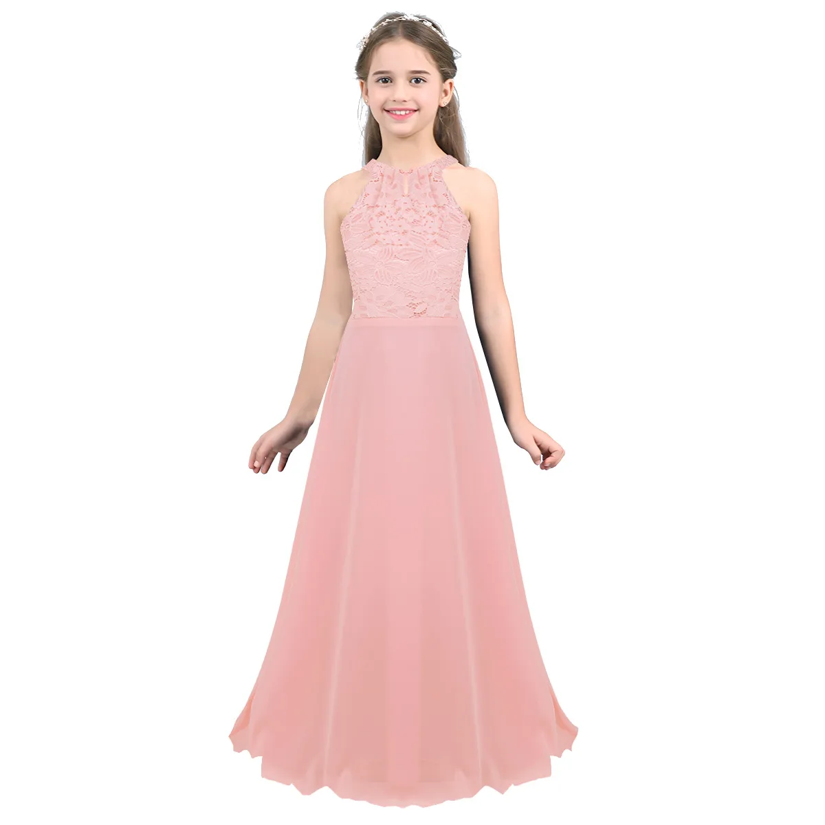 iiniim Kids Girls Vestido de festa Chiffon Dress Floral Lace Cutout Back Flower Girl Dress Elegant Summer Princess Party Dress