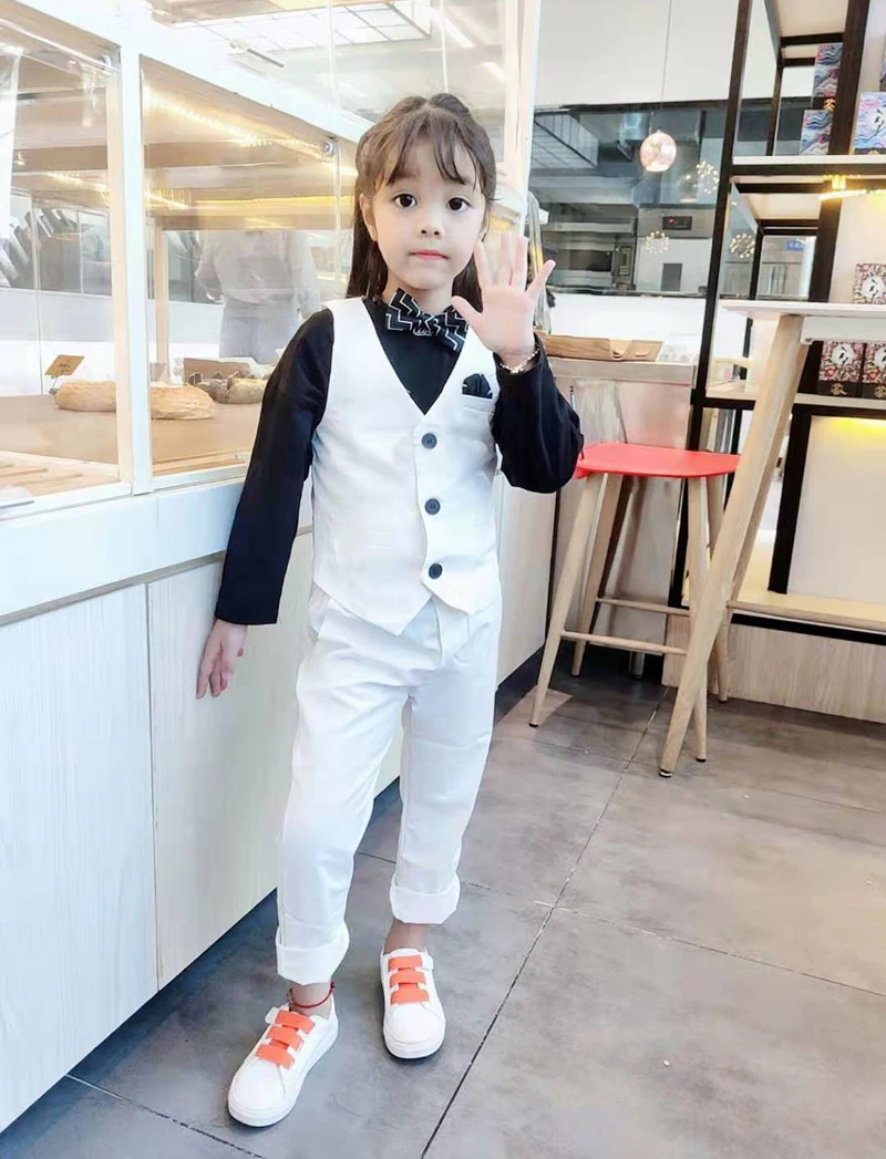 2021 Girls White Wedding Suit Kids Jacket+Vest+Pants 3Pcs baptism Tuxedo Clothing Set Children Graduation Party Costume