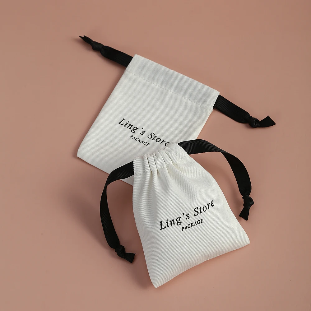 50 White Cotton Bags Print Logo Jewelry Drawstring Pouches Velvet Jewelry Packaging Bag Chic Wedding Favor Candy Bags Pouch