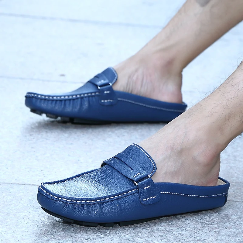 

Men's Summer Fashion PU Leather Casual Mules Man Breathable Flat Soft Half Loafer Slippers Male Slip-on Comfy Half Leisure Shoes