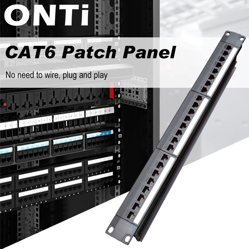 ONTi 19in 1U Rack 24 Port Straight-through CAT6 Patch Panel RJ45 Network Cable Adapter Keystone Jack Ethernet Distribution Frame