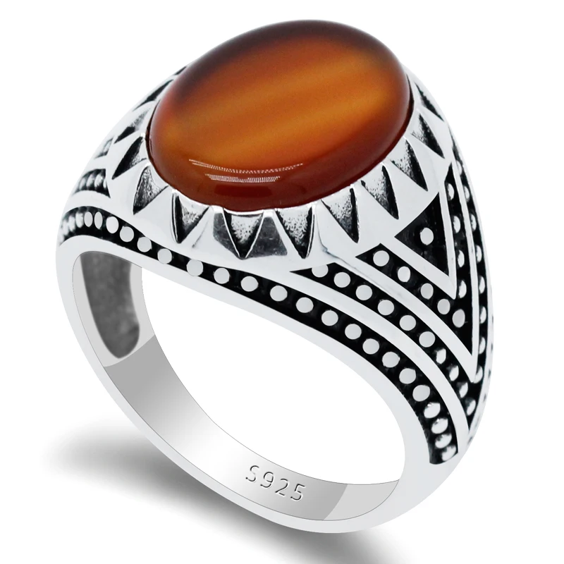 Natural stone ring men's 925 sterling silver agate stone antique hold lucky ring women's men's Turkish jewelry