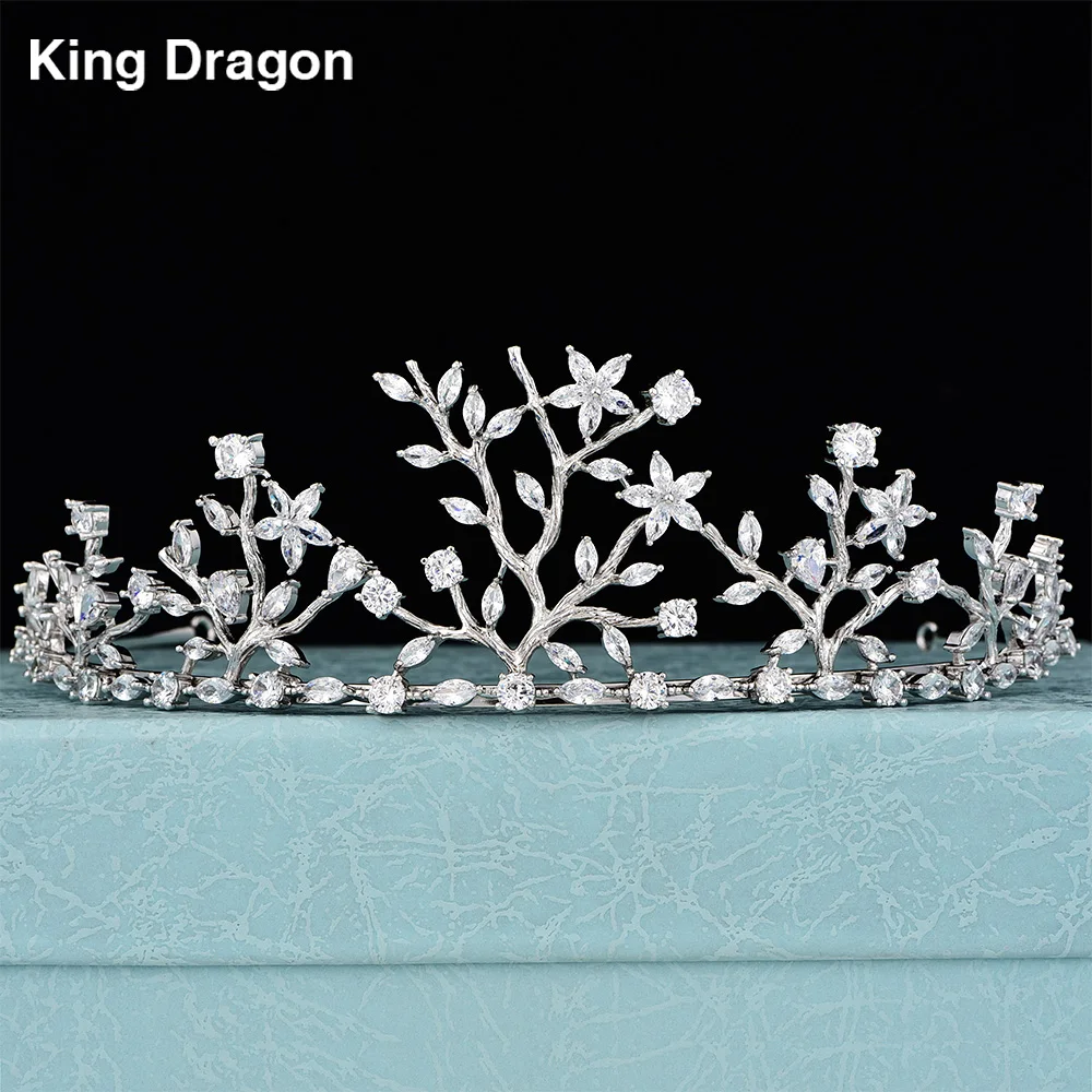 Luxury Cubic Zirconia Crown Tiara Bridal Jewelry White Gold Color Wedding Bride Hair Accessories Gift Box Packing CZC-2008