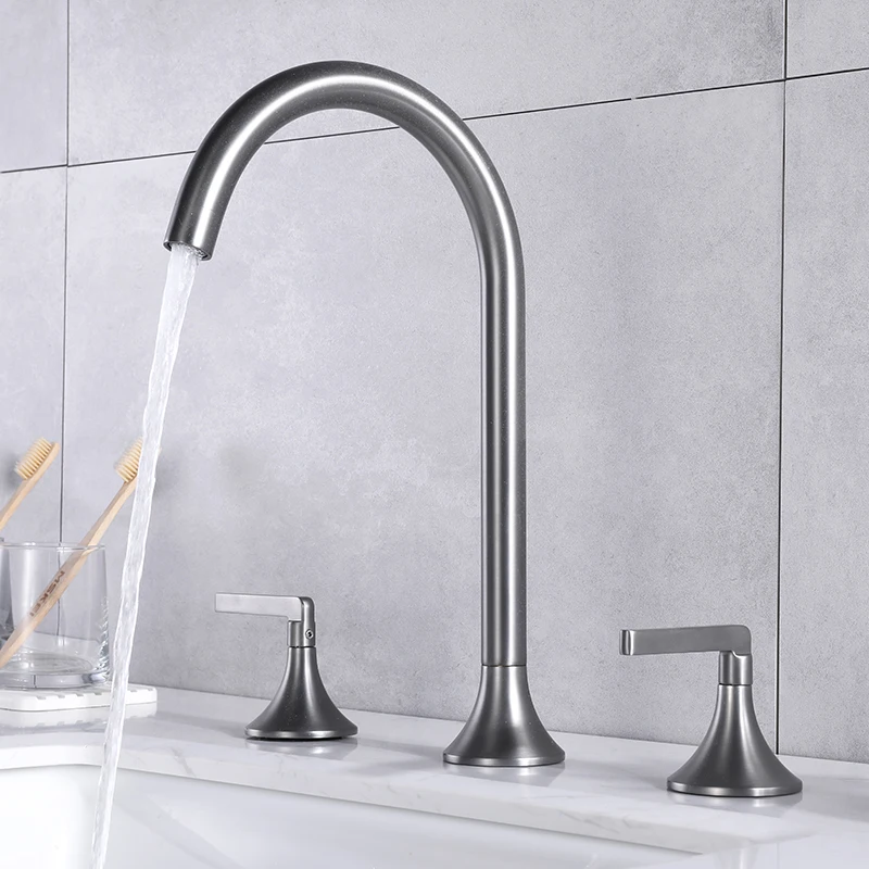 Tuqiu Basin Faucet Lavatory Mixer Tap Brass Widespread Rotation Sink tap Brass sink faucet 8 inch Three Hole Brush Gold
