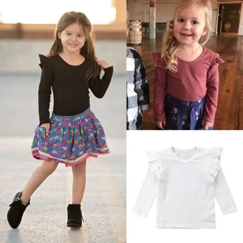 Baby Girl Toddler Kids Ruffle Long Sleeve Tops Tee Shirt Clothes Solid Color T-shirt