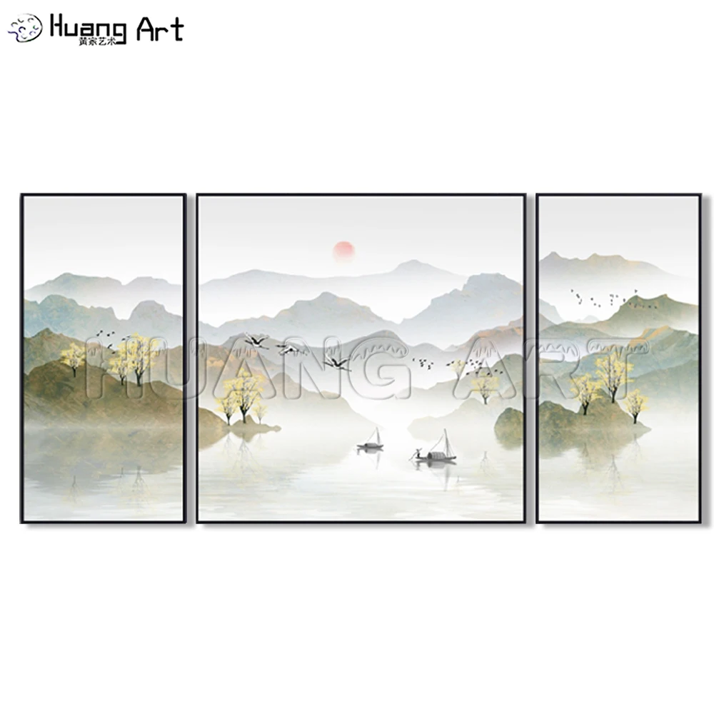 Pure Hand-Painted Chinese Style Mountain and Lake Ink Landscape Painting on Canvas for Decor Group Gold Landscapes Oil Paintings