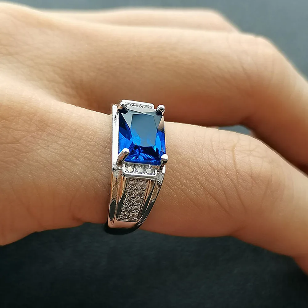 Blue Crystal Sapphire Topaz Gemstones Zircon Diamonds Rings for Men 18k White Gold Filled Jewelry Bague Trendy Bands Accessories