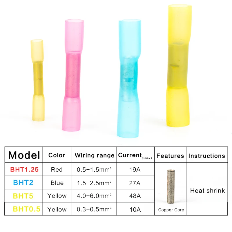 10/25/50PCS Heat Shrink Butt Terminals Waterproof Fully Insulated Seal Butt Crimp terminal wire connector BHT0.5/1.25/2/5