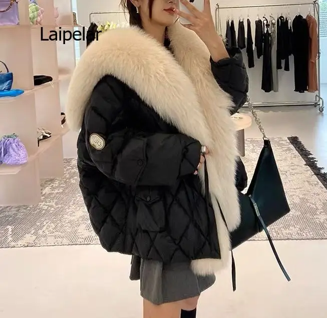 New Female Parka Fake Fox Fur Collar Trim Coat Women Winter coats Natural Rex Rabbit Fur Liner Warm Outwear Jackets Cloth