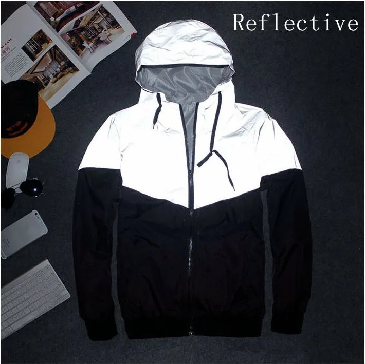 Fashion design night full reflective 4XL jacket men harajuku jackets hooded hiphop streetwear zipper Waterproof windbreaker coat