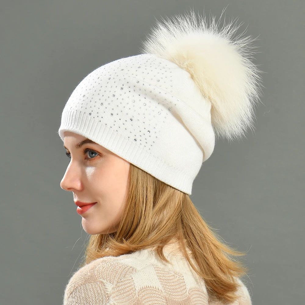 Delle donne di Vera Pelliccia Pompon Cappello Femminile Pianura Caldo Knit Beanie Cappello di Pelliccia di Procione Naturale Pom Pom Cappello di