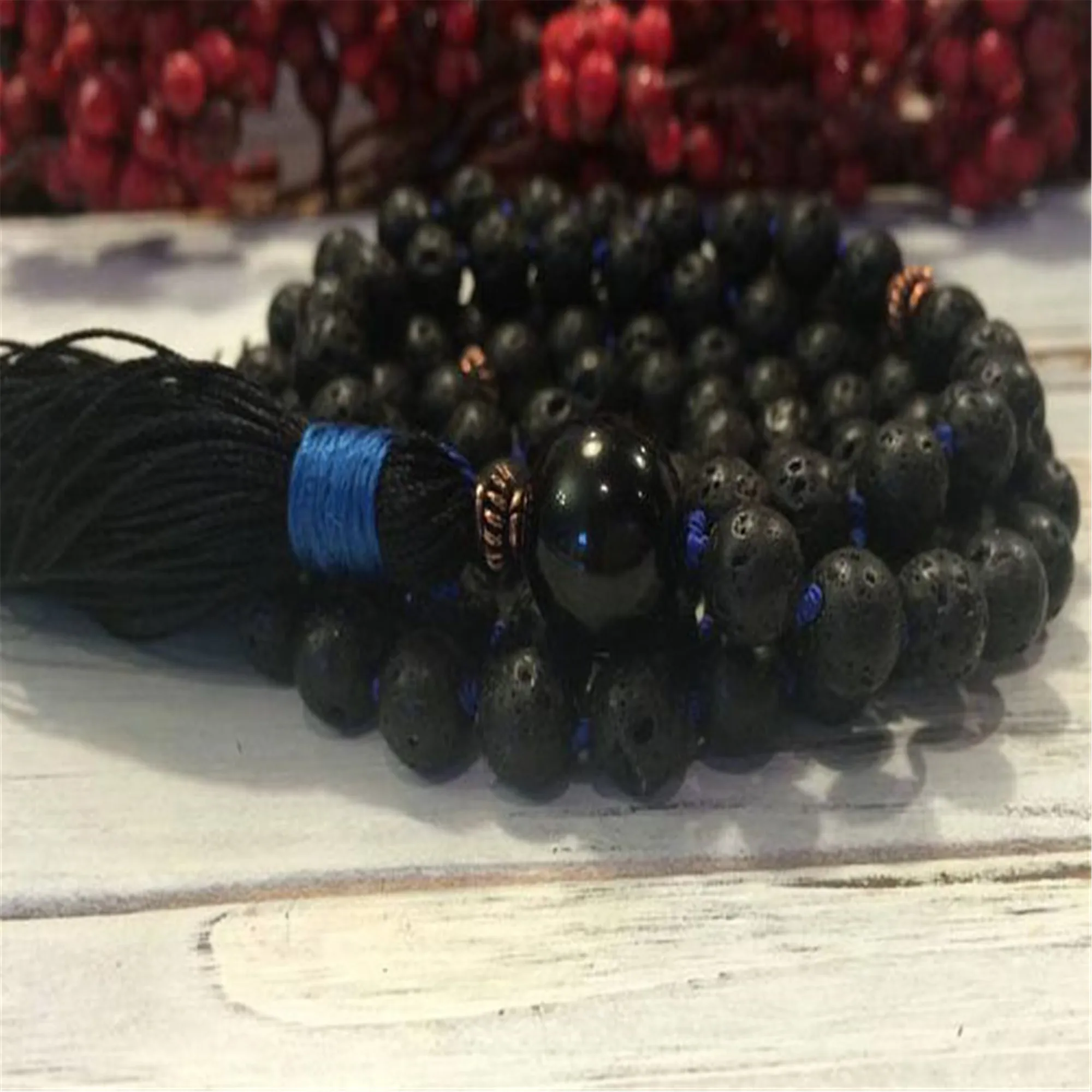 8mm Natural Volcanic Lava 108 Beads Tassel Knotted Necklace Handcrafted Prayer Wrist Chakra Cuff Yoga Classic Healing Meditation