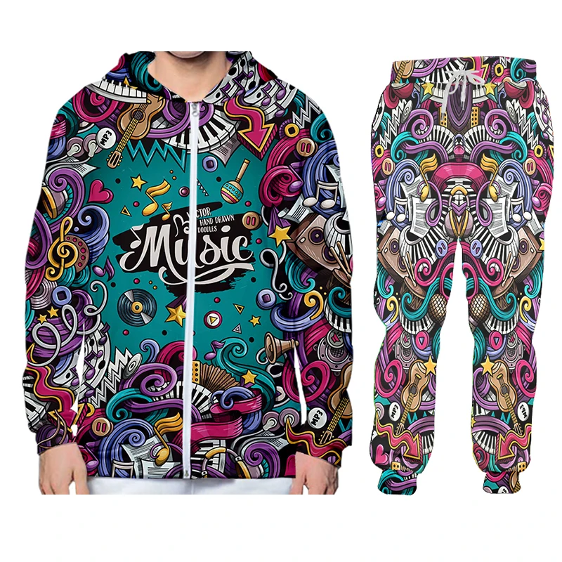 Notas de música Coloridas Moda Masculina Conjuntos Tracksuits Outono Hoodies dos homens Sweatpants Two Piece Suit Com Capuz Casual Conjuntos Roupas