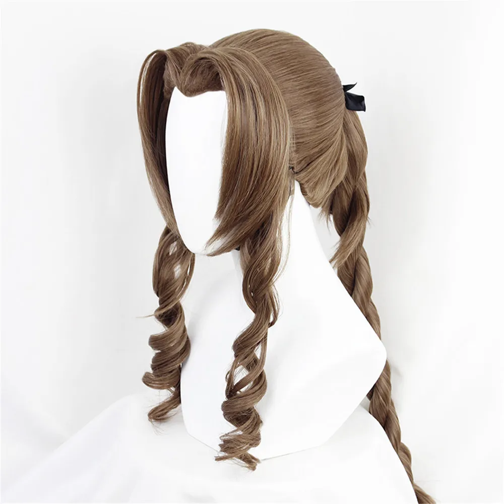 VII Cosplay FF7 Aerith Gainsborough Wigs Cosplay Heat Resistant Synthetic Hair Brown Cosplay Wig + Free Wig Cap