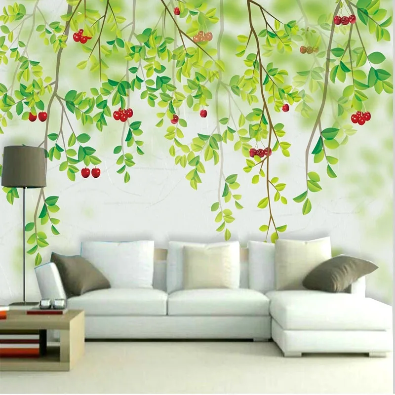 

Self-Adhesive Wallpaper Modern 3D Small Fresh Green Leaf Red Fruit Background Wall Sticker Waterproof Removable Papel De Parede