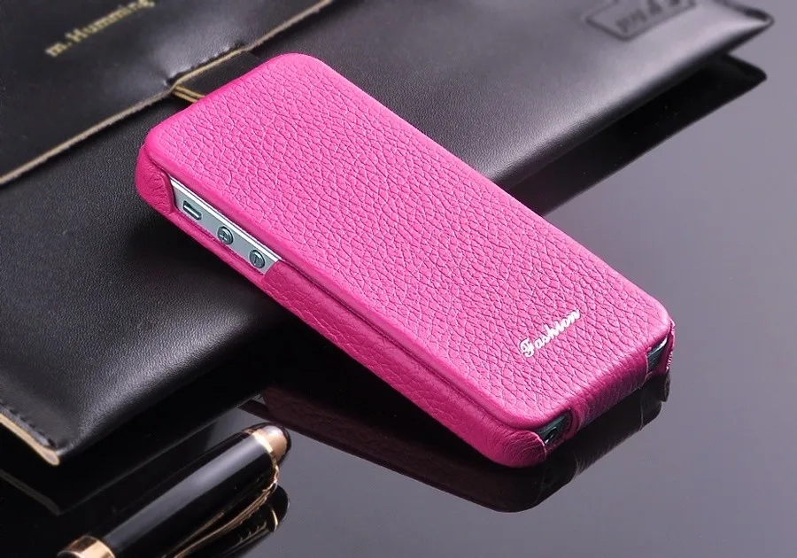 Vertical Flip Cover Case for iPhone 5, 5S, SE，100% Genuine Leather, Original Litchi Chinensis Grain, Top Quality, Fashion Brand