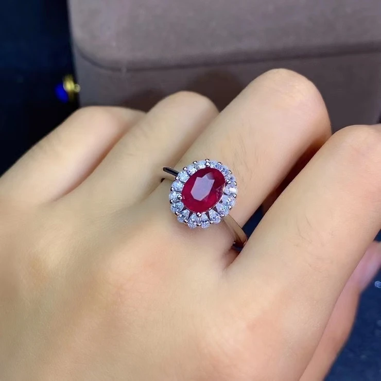 Fine Jewelry S925 Sterling Silver Inlaid Natural Ruby Ring Support Test 6x8mm Size Gemstone Noble Character Good Gift  Sale