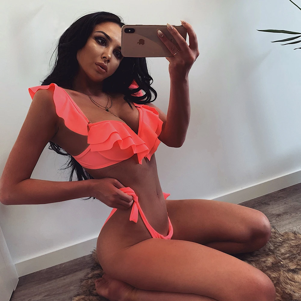 BLESSKISS New 2023 Sexy Bikini Push Up Women Swimsuit Ruffle Halter Neon Swimwear Biquini Set Bathing Suit Women Swimming Suit