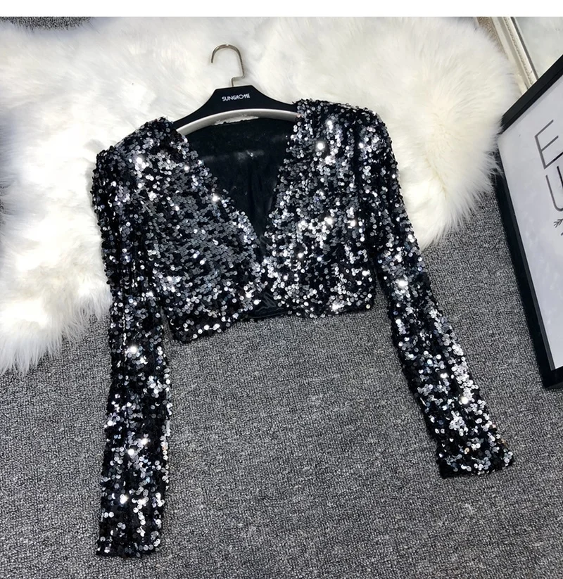 Street Fashion Joker Short Edition Sequins Small Suit Sparkling Bead Piece Suit Small Jacket Tank Top Jazz Dance Performance