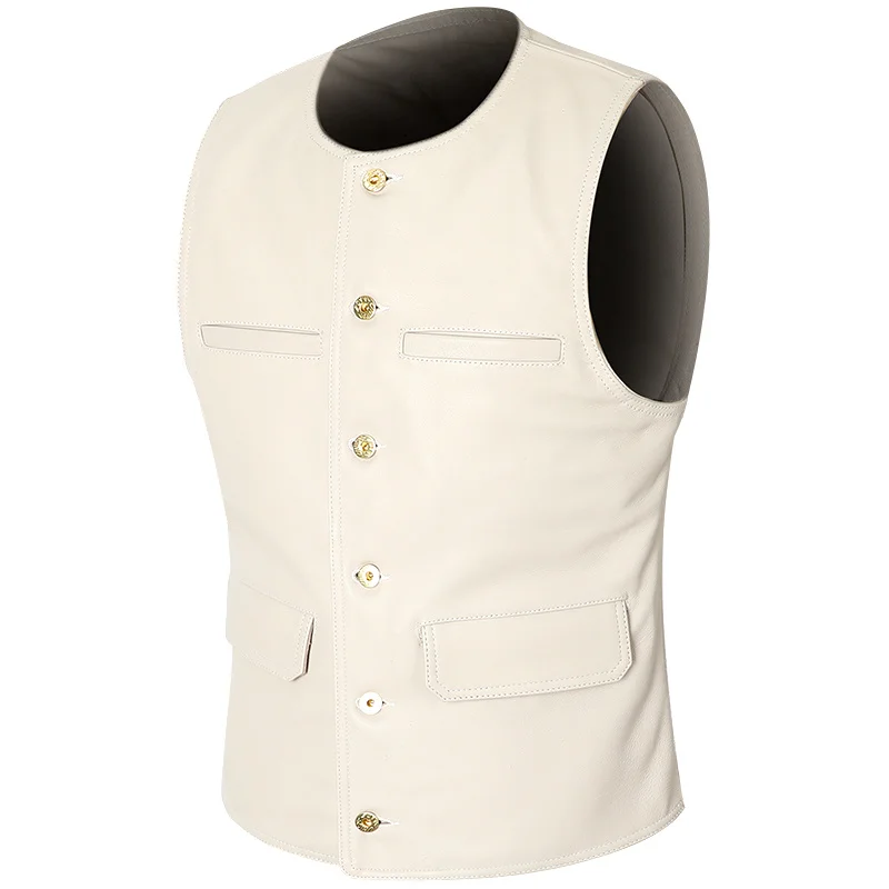 Men's Beige Genuine Leather Vest Cowhide Motorcycle Biker Waistcoat Gentleman Casual Collarless Real Leather Sleeveless Jackets