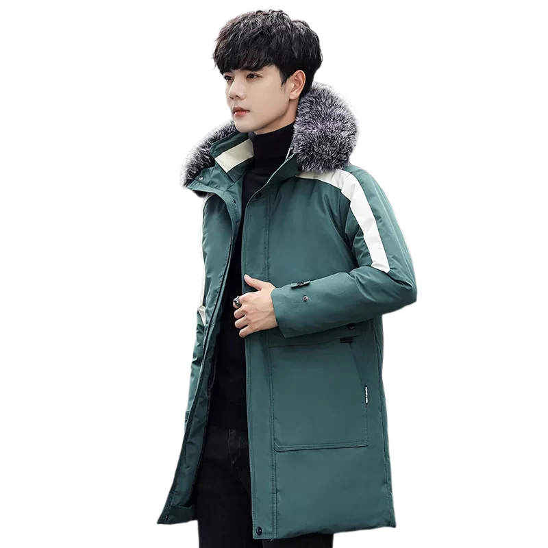 2021 Winter Big fur collar hooded young men's fashion trend white duck down down jacket for cold temperature long warm coat