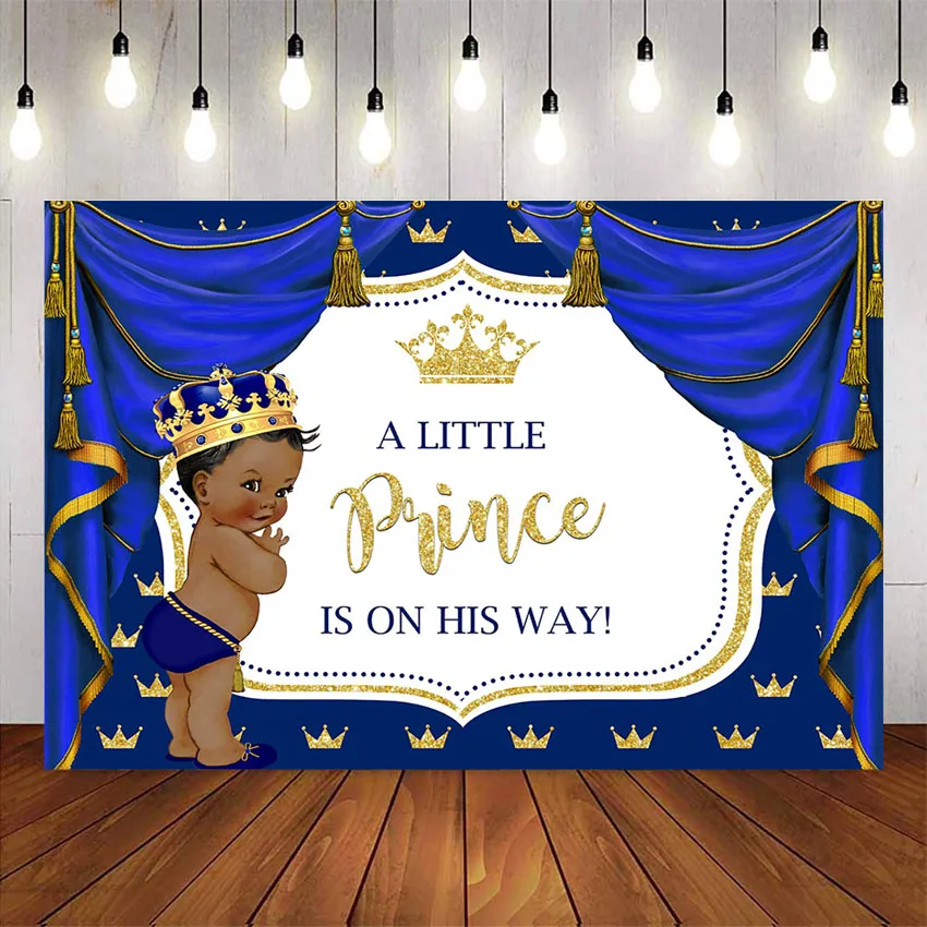 

Royal prince baby shower backdrop blue curtrain crown background for photo studio black boy crowns birthday party decoration