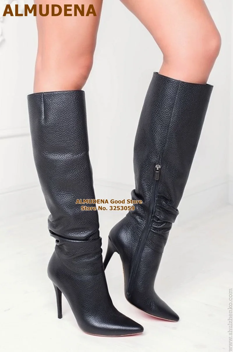 Almudena bege preto fosco couro joelho botas altas fino salto alto apontou toe botas altas com zíper solto plissado botas altas size47