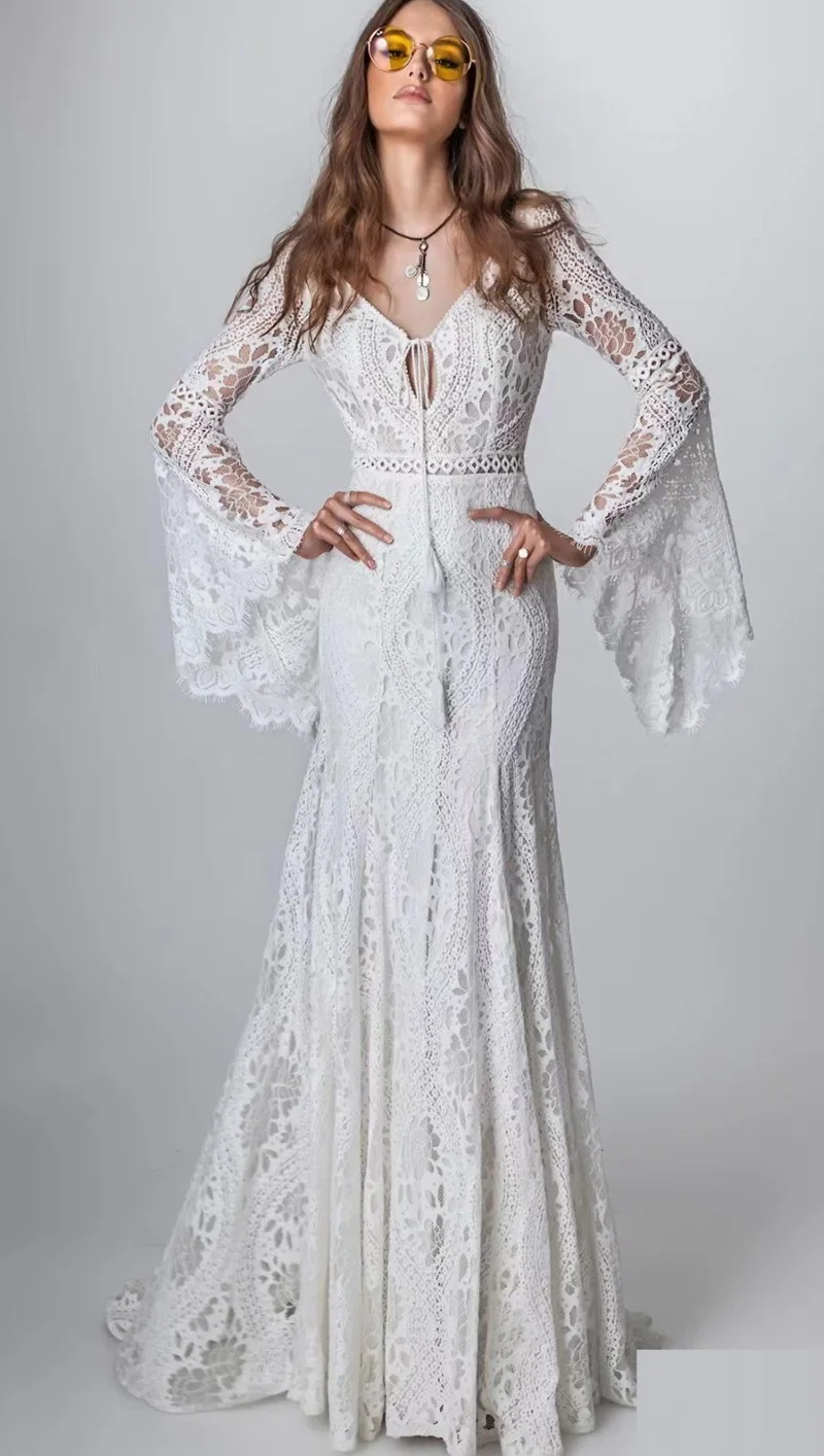 2021 nuovo stile Flare Sleeve Sexy Backless scollo a v Bohemian Beach pizzo abiti da sposa abiti da sposa abiti da sposa Sweep Train