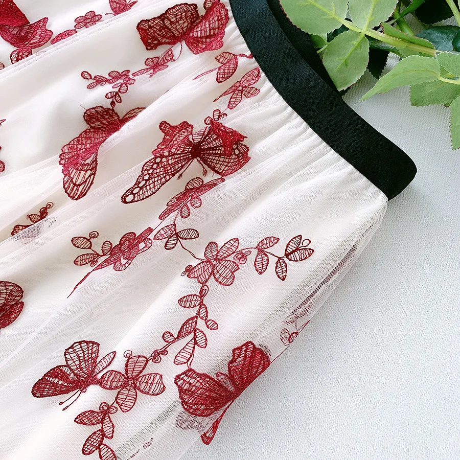 2020 Women Mesh Skirt High Waist A-Line Tutu Skirts Butterfly Embroidered Skirts Womens Sweet Skirts Girl Streetwear Saias Femme