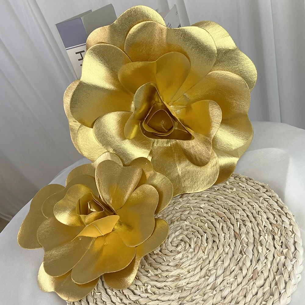 Golden PE Flat bottom Rose Flower Head Artificial Flowers Stage Wedding Wall Background Window Layout Fake Rose Flower Home deco