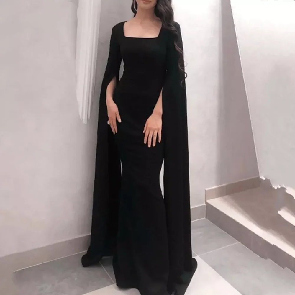 

Modern Black Square Mermaid Evening Night Dresses 2022 Long Cap Sleeves Prom Party Gowns Dubai Arabic Robes De Soirée