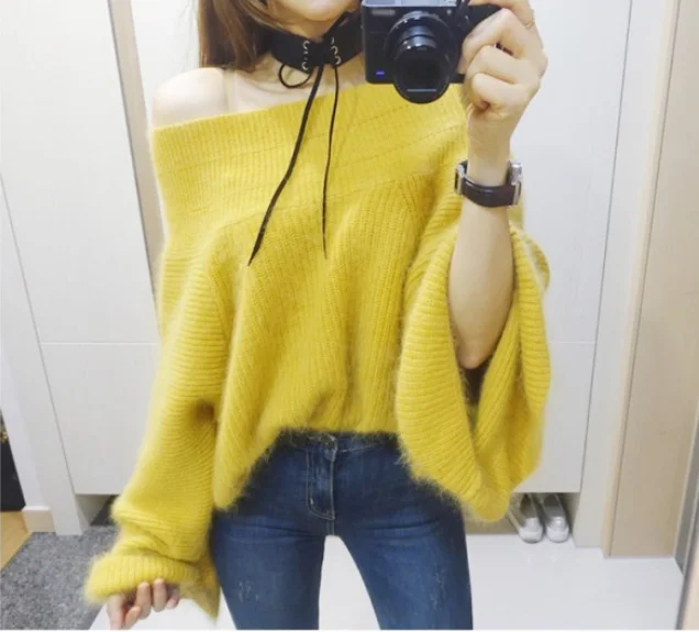 2022 Sexy Off Shoulder Knitted Sweater Women Solid Loose Flare Sleeve Pullover Jumpers Female Mink Cashmere Sweater poncho