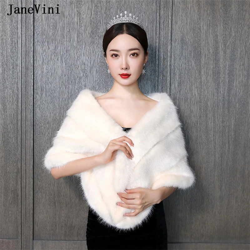 

JaneVini Elegant Light Champagne Bridal Bolero Faux Fur Wrap and Shawl Women Cloak Outerwear Winter Capes Wedding Evening Stoles