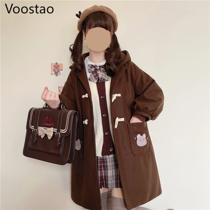 Autumn Winter Japanese Lolita Thicken Woolen Coats Women Preppy Chic Bear Embroidery Loose Hooded Jackets Girly Sweet Outerwear