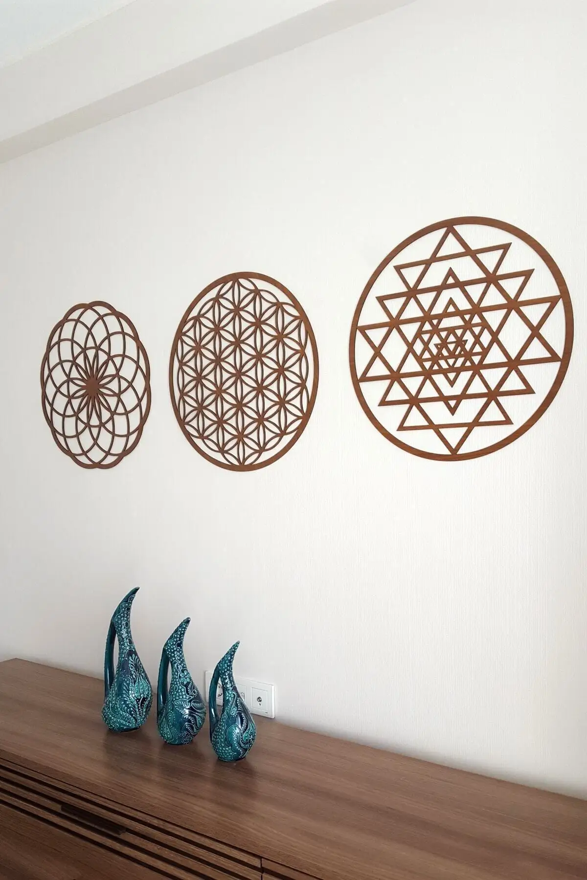 

Home Decoration Flower of Life Sri Yantra And Torus 3 Piece Set Brown Wall Table MDF Double Sided Banded