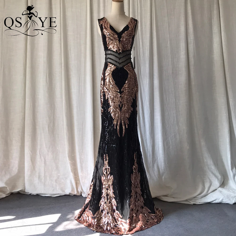 Gold Lace Black Evening Dresses Sequin Long Mermaid Prom Gown Print Appliques Party Dress V Neck Beaded Hollow Out Formal Dress