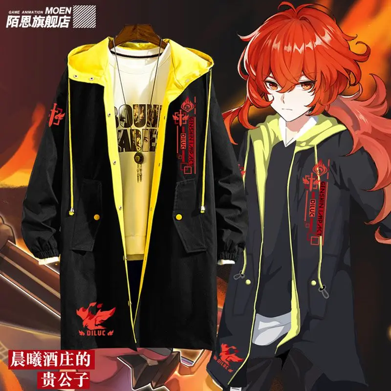 Genshin Impact Cosplay Costume Diluc Ragnvindr Windbreaker jacket coat Game Diluc clothes Unisex Hoodie Hooded Sweatshirt Tops