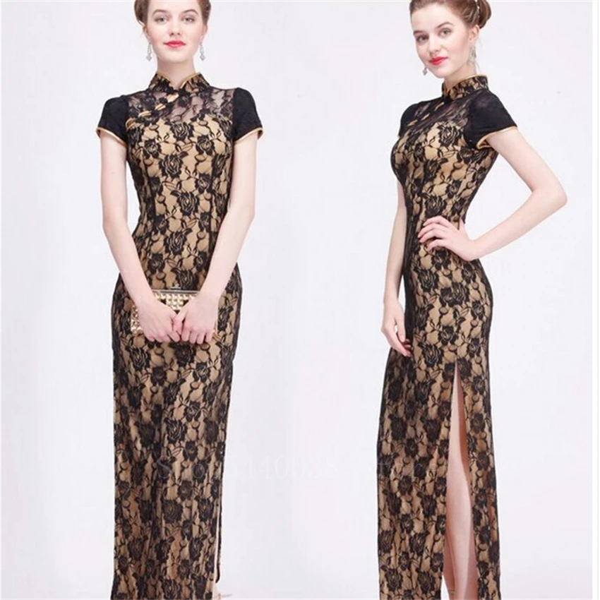 

Sexy Woman Chinese Cheongsam Elegant Lace Traditional Qipao New Year Evening Party Oriental Vintage Split Wedding Dress