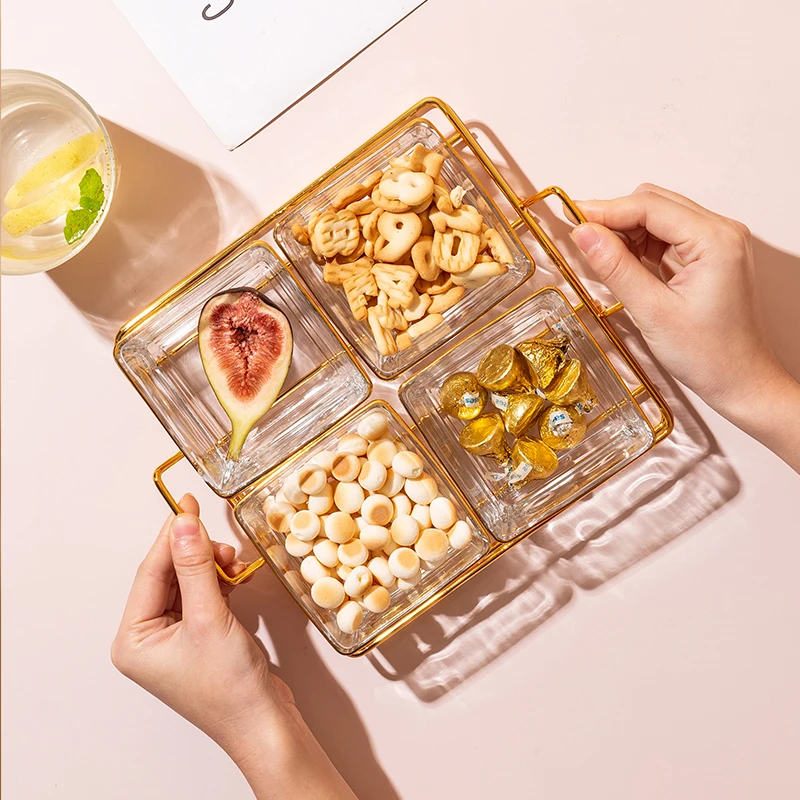 Phnom Penh Grid Snack Tray Candy Nuts Seeds Plate Glass Dry Fruits Dishes Home Desktop With Metal Frame Serving Snack Plates