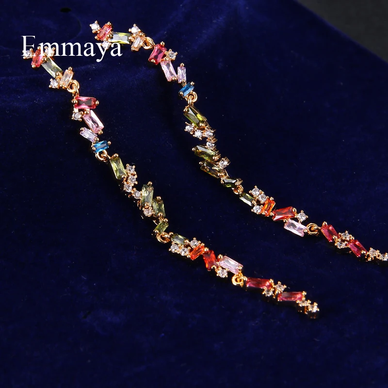 Emmaya Fascinating Design Rainbow Colors Geometry Zirconia Long Earring For Female Elegant Dress-up Wedding Party Eye-catching