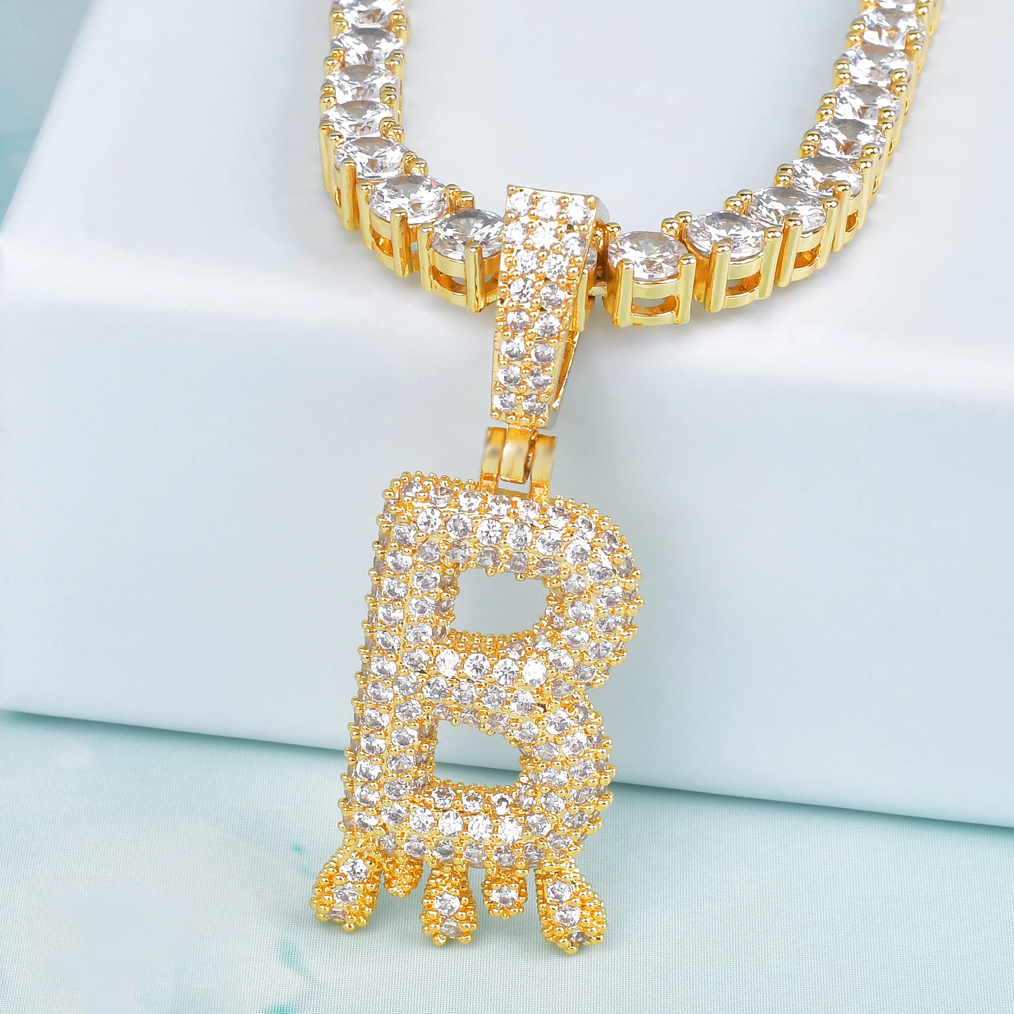 

Single Small Drip Bubble Letters Pendant Gold Color Tennis Necklaces Chain For Men/Women Cubic Zircon Hip Hop Jewelry