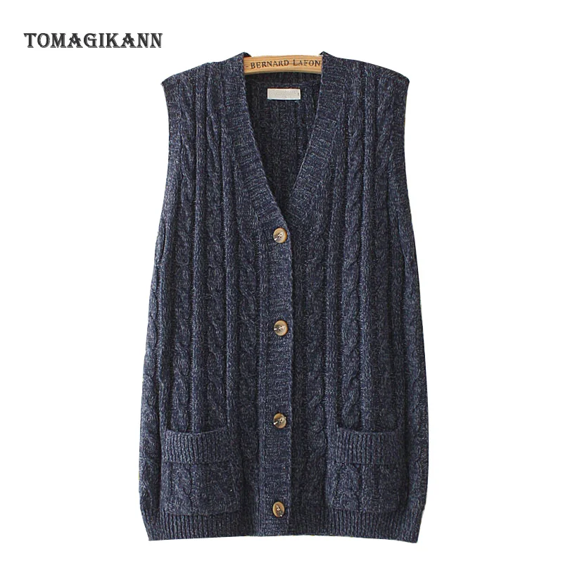 Twist Sweater Vest Women V Neck Sleeveless Knitted Cardigan 2023 Casual Solid Pockets Button Waistcoat Tops