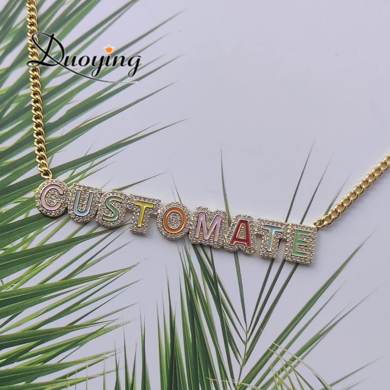 Duoying Personlized Pave Outline Enamel With Zirconia Nameplate Gold Plated Choker For Women Custom Rainbow Enamel Necklace