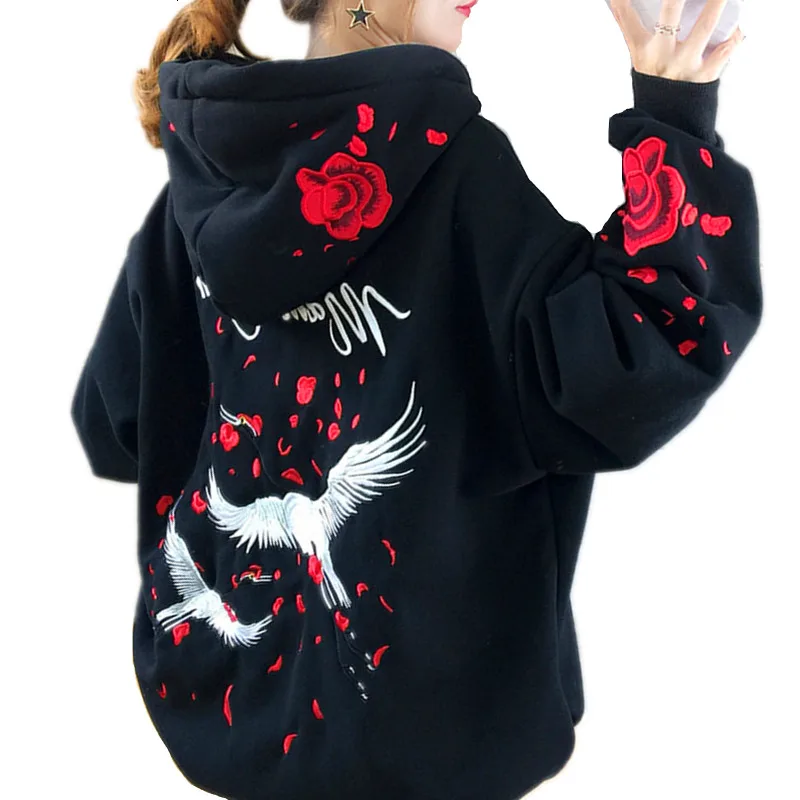 High Quality Autumn Winter Thicken Hoodie Chinese Style Crane Rose Embroidered Sweatshirt Oversized Warm Long Pullover Outwear