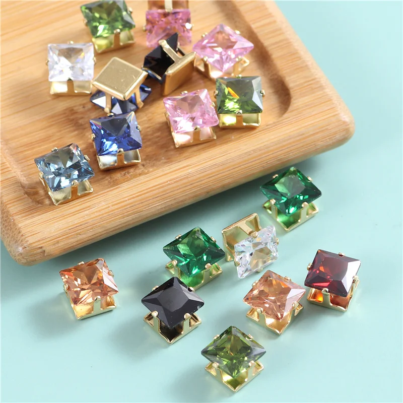 8mm Square Shape Glass Rhinestones With Gold Claw Sew On Zircon Crystal Stones Strass Sewing Decorations For Clothes Shoes Diy