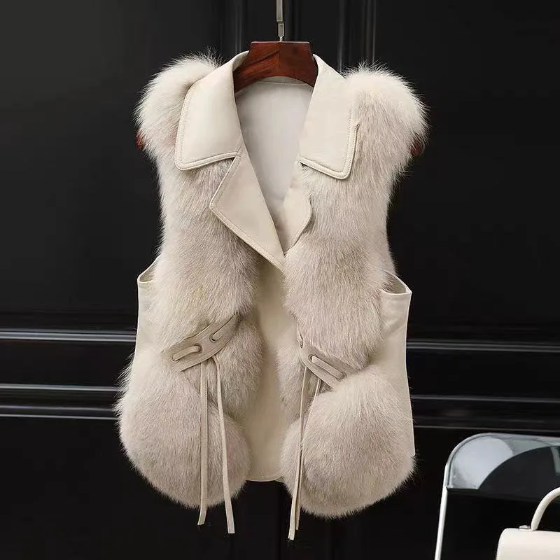 ZADORIN New Luxury Faux Fox Fur Vest Women Turn Down Collar Faux Leather Patchwork Cropped Faux Fur Coat Pink White Jacket